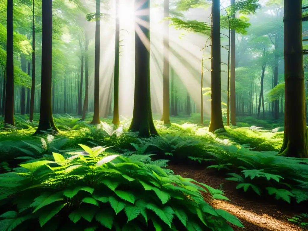 Un bosque exuberante con luz solar filtrándose a través del dosel, creando sombras moteadas en el suelo