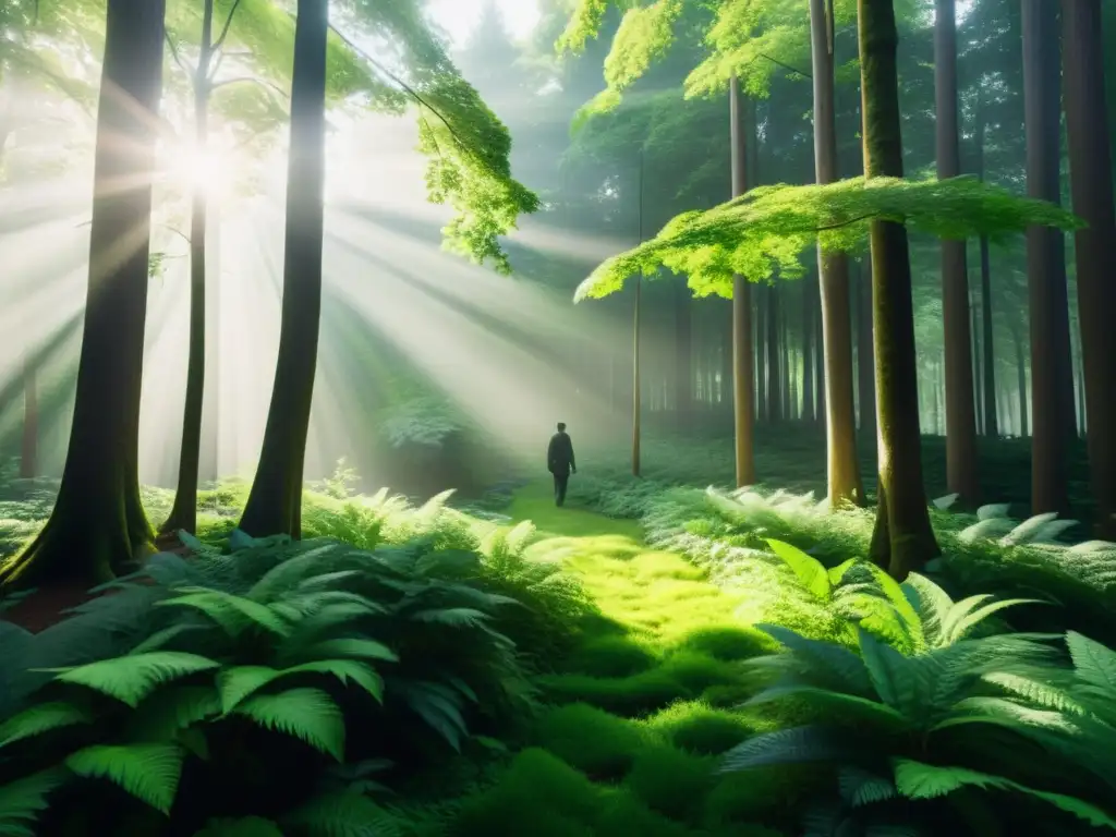 Un bosque exuberante con luz solar filtrándose entre las hojas, evocando tranquilidad y belleza natural, mitigando la huella de carbono