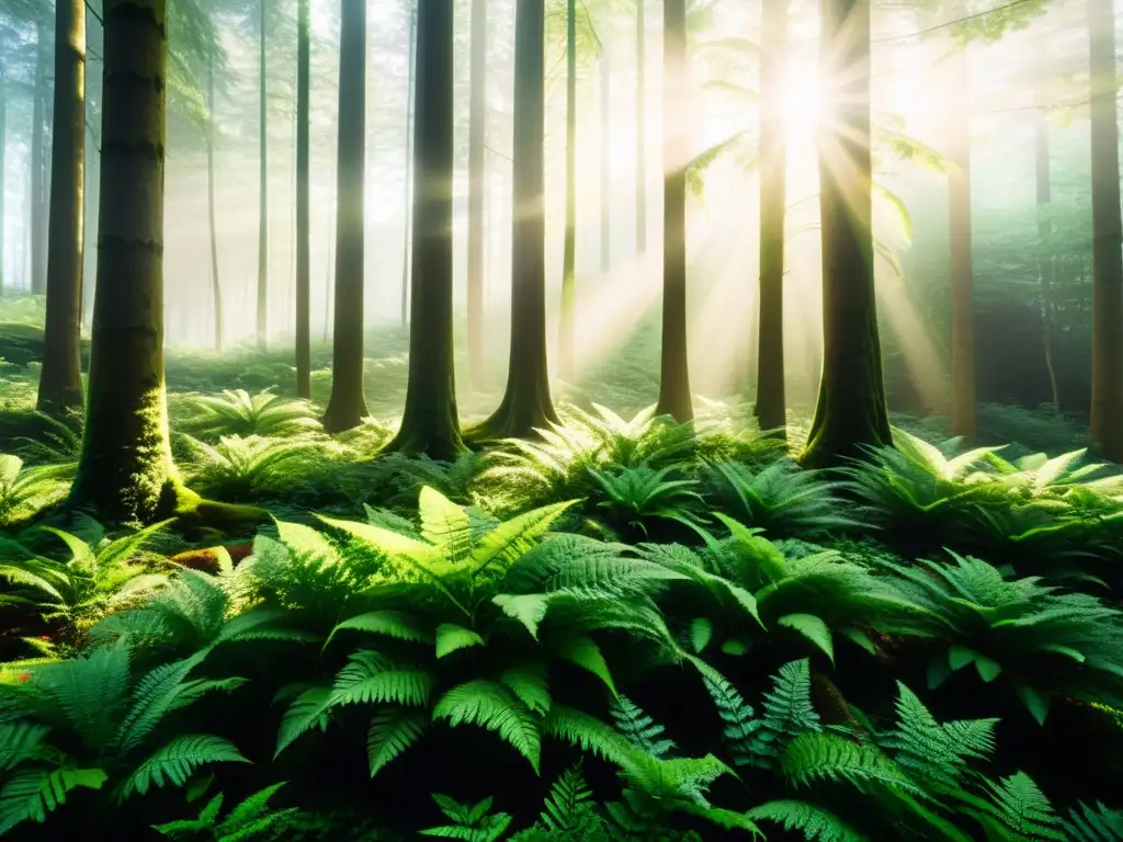 Un bosque exuberante con luz solar filtrándose entre las hojas, creando sombras moteadas