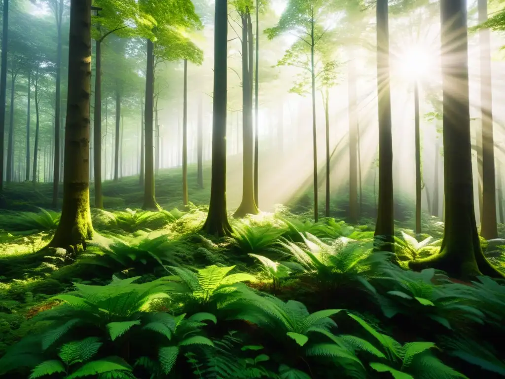 Un bosque exuberante con luz solar filtrada entre el dosel, proyectando sombras moteadas en el suelo