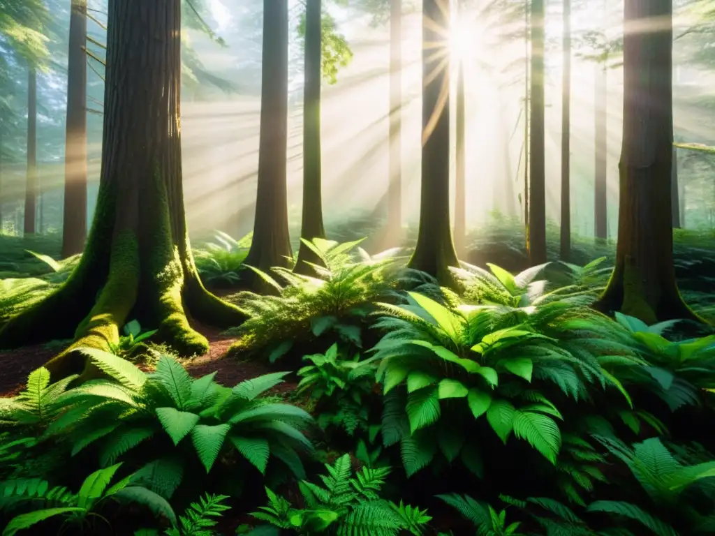 Un bosque exuberante con luz solar filtrándose entre el dosel, proyectando sombras en el suelo