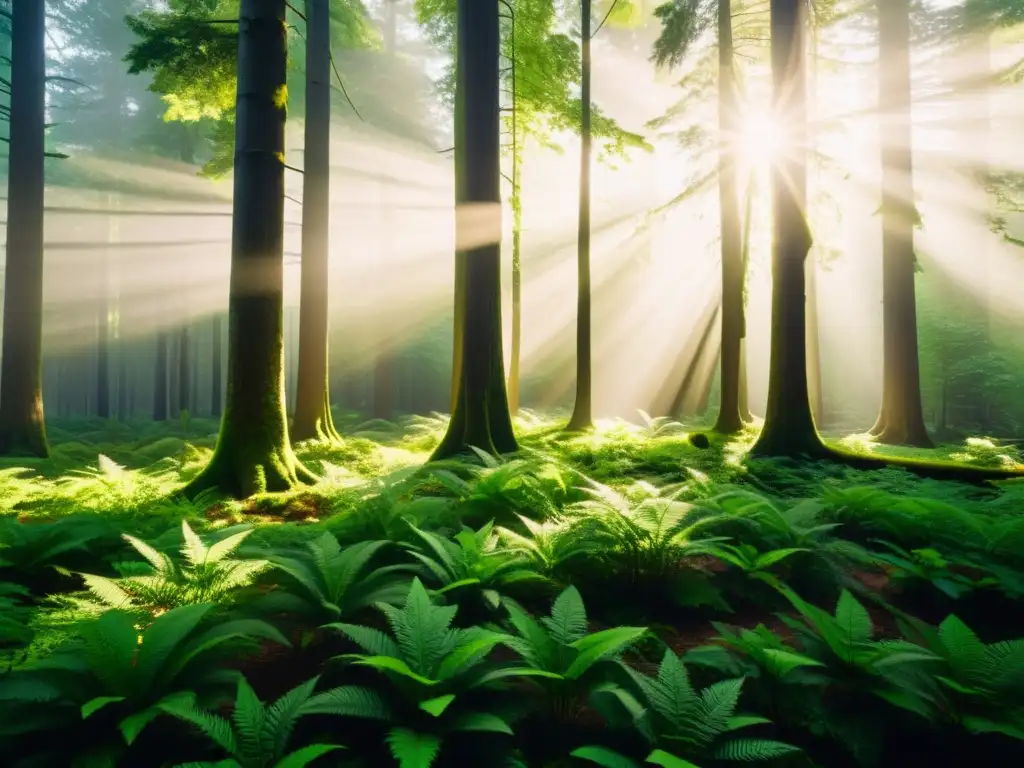 Un bosque exuberante con luz solar filtrándose entre los árboles, creando sombras en el suelo