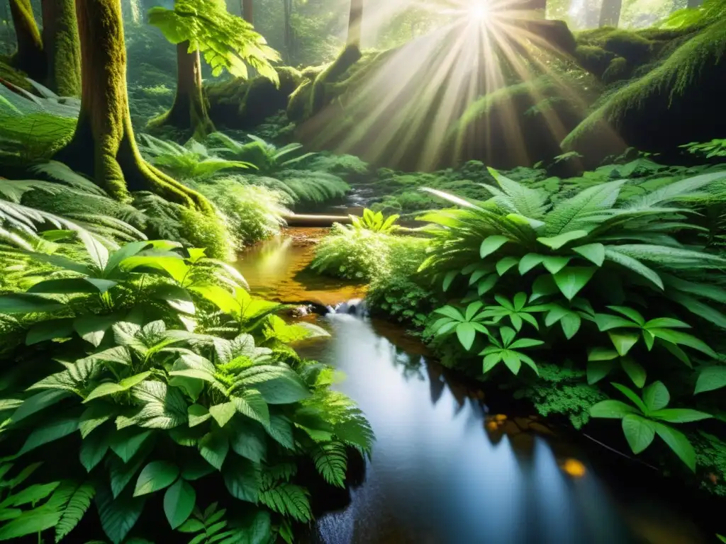 Un bosque exuberante con luz solar filtrándose entre el dosel, formando patrones intrincados en el suelo