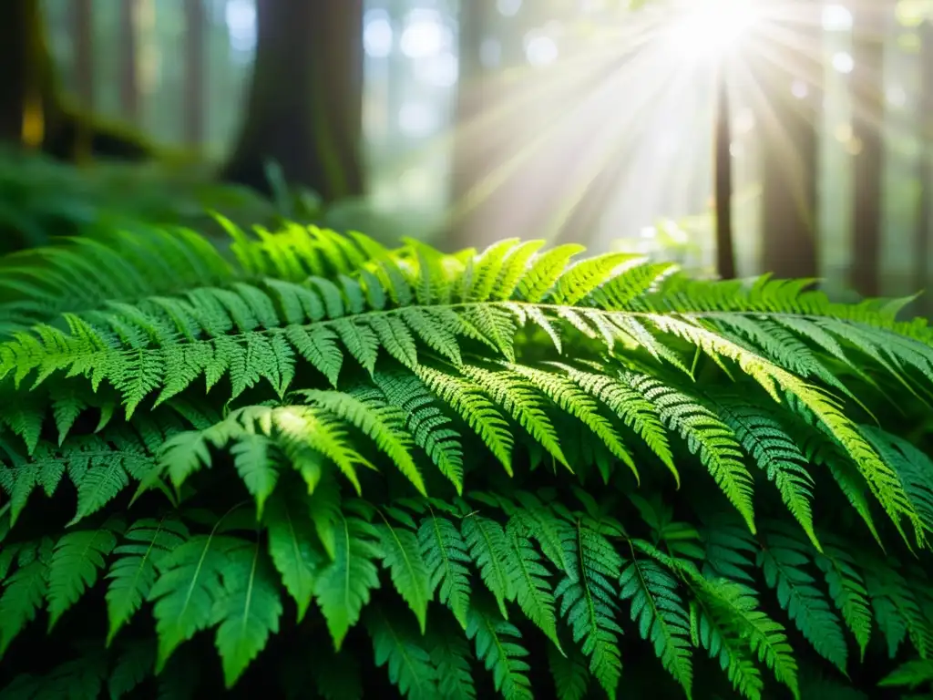 Un bosque exuberante con luz filtrándose a través del dosel, creando patrones de luz y sombra