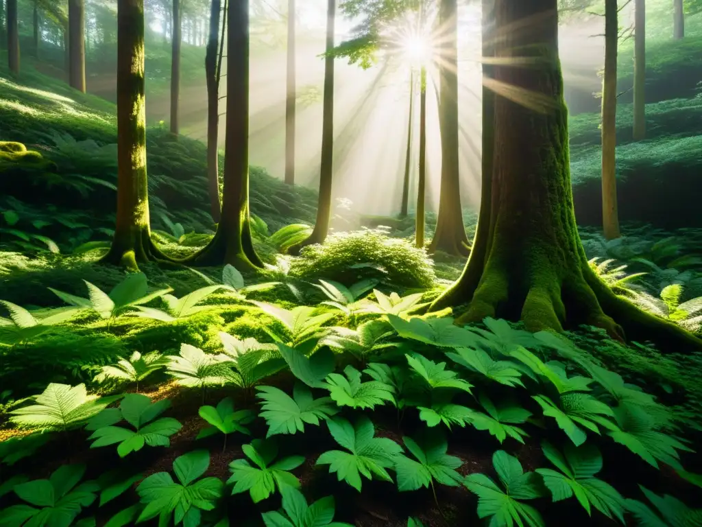 Un bosque exuberante y sereno, con luz solar filtrándose entre los árboles