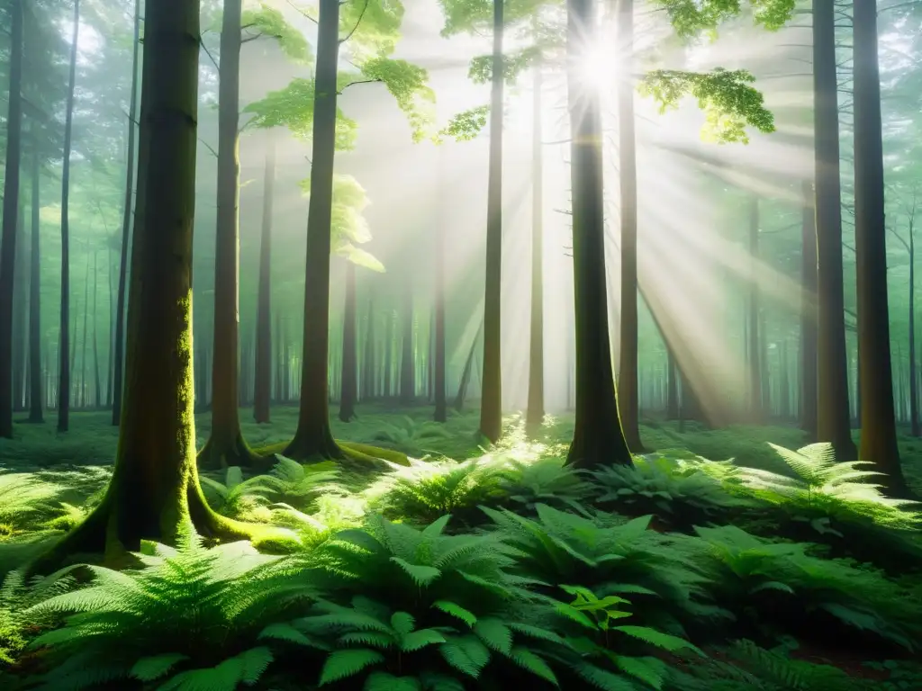 Un bosque exuberante y tranquilo, con la luz del sol filtrándose a través de las hojas