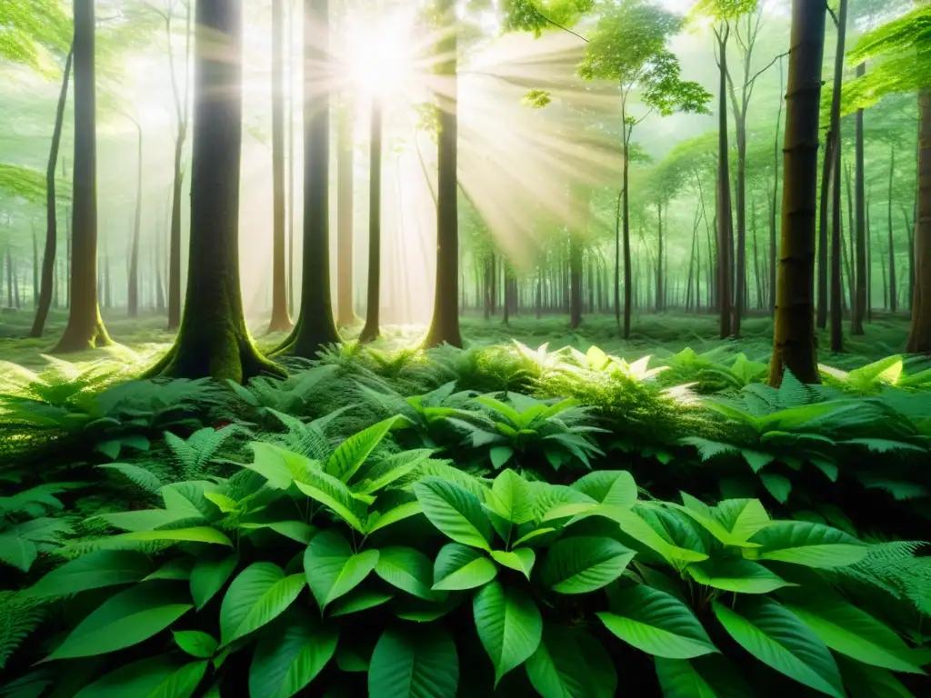 Un bosque exuberante y tranquilo, con luz solar filtrándose entre las hojas