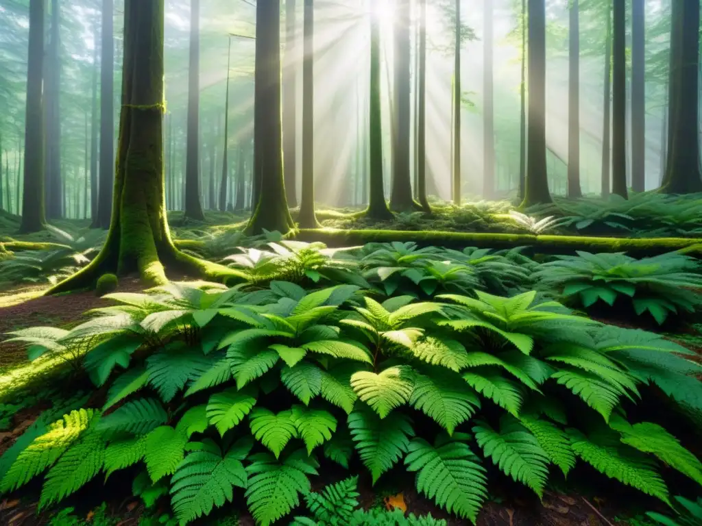 Un bosque exuberante y verde con luz solar filtrándose a través del dosel, creando intrincados patrones de luz y sombra en el suelo del bosque