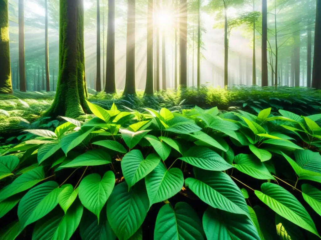 Un bosque exuberante y vibrante con luz solar filtrándose entre las hojas, creando patrones intrincados en el suelo