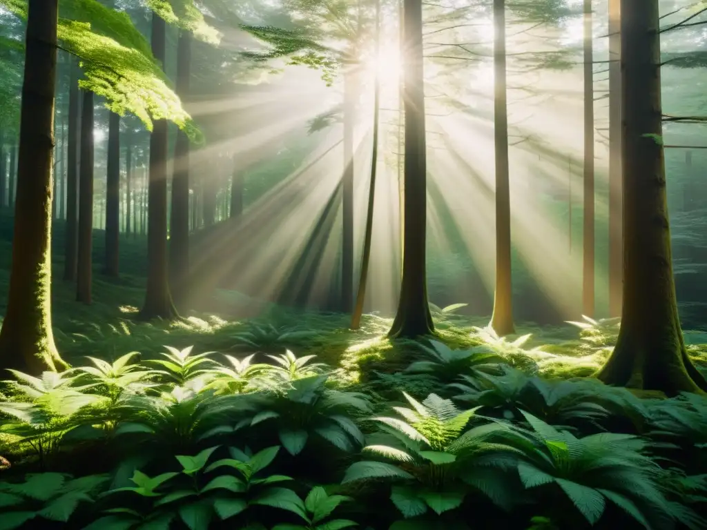 Un bosque frondoso con luz solar filtrándose a través del dosel, creando sombras moteadas en el suelo