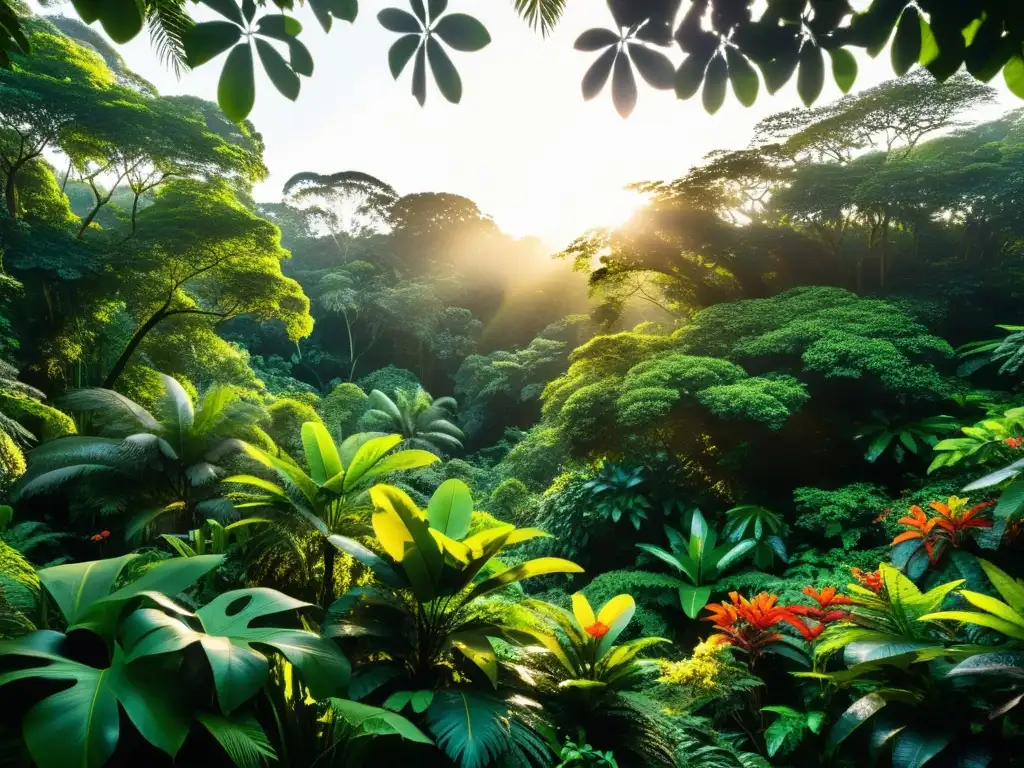 Un bosque lluvioso exuberante y denso con rayos de sol dorado que atraviesan el dosel, iluminando hojas verdes vibrantes y delicadas flores exóticas