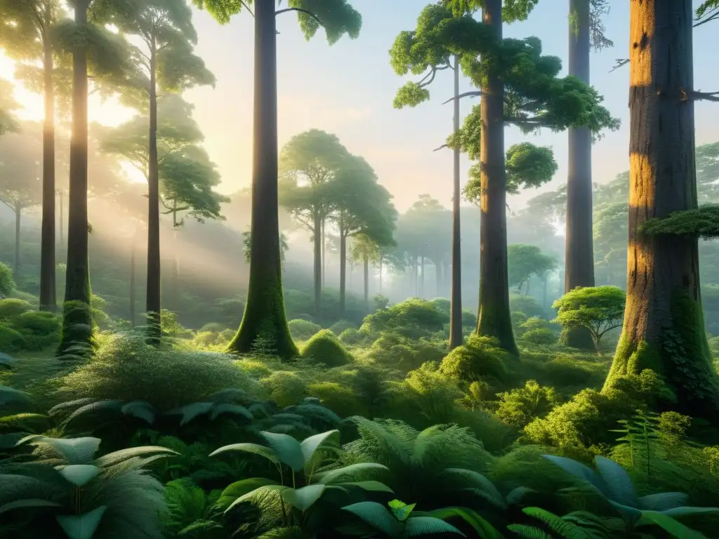 Un bosque prístino y exuberante iluminado por la suave luz del amanecer, con una diversidad de vida silvestre