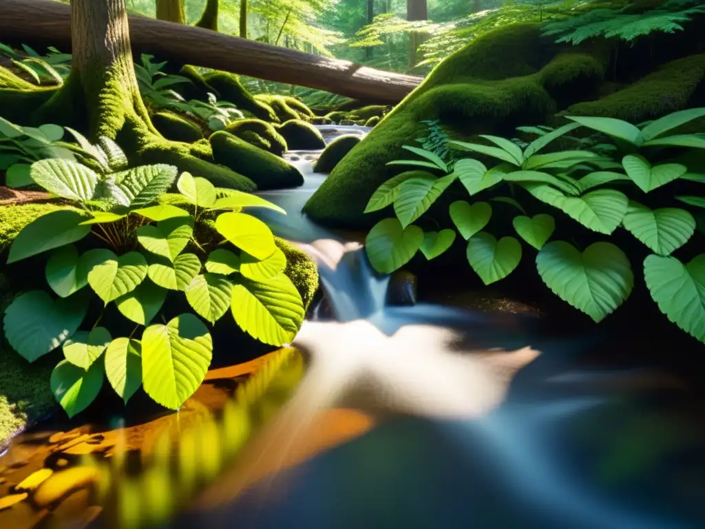 Un bosque tranquilo con luz solar filtrándose entre el follaje denso, creando sombras moteadas en el suelo