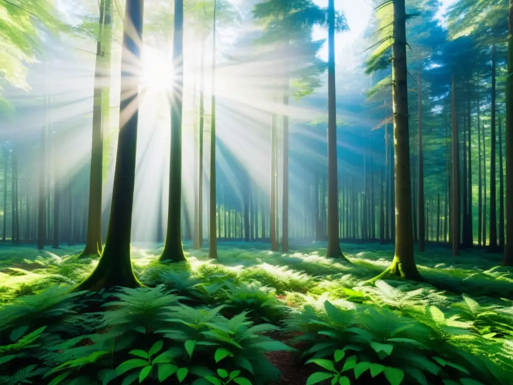 Un bosque verde exuberante con luz solar filtrándose entre las hojas, creando sombras moteadas en el suelo