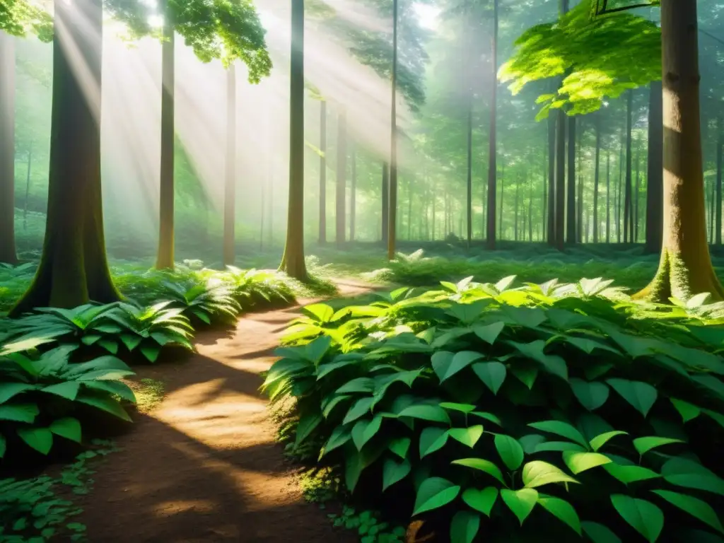 Un bosque verde exuberante con luz solar filtrándose a través del dosel, creando sombras moteadas en el suelo