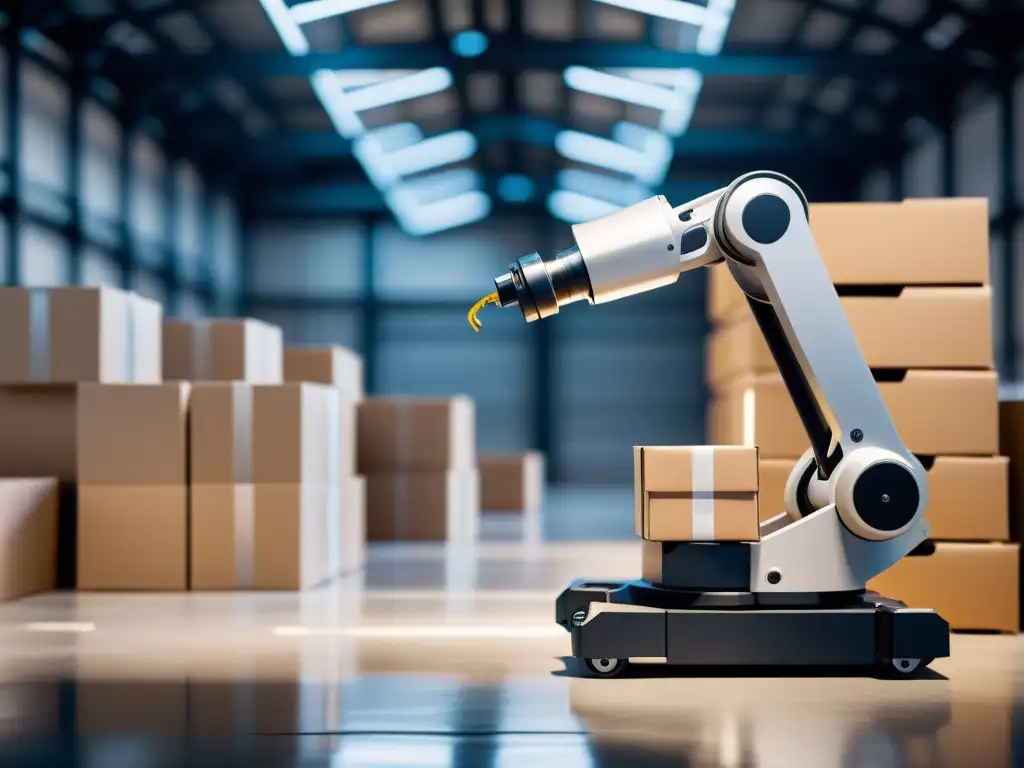 Un brazo robótico de alta tecnología clasifica paquetes en almacén, destacando la eficiencia y precisión de la robótica en logística durante COVID19