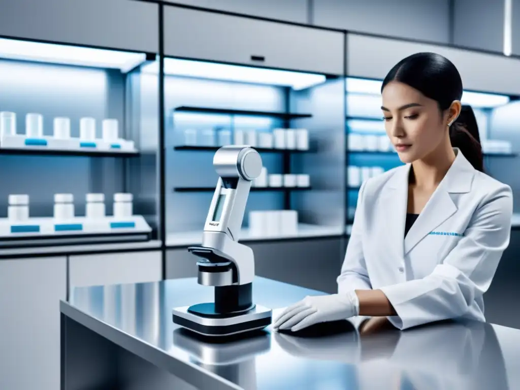 Un brazo robótico de alta tecnología en un laboratorio farmacéutico, precisamente dispensando medicamentos