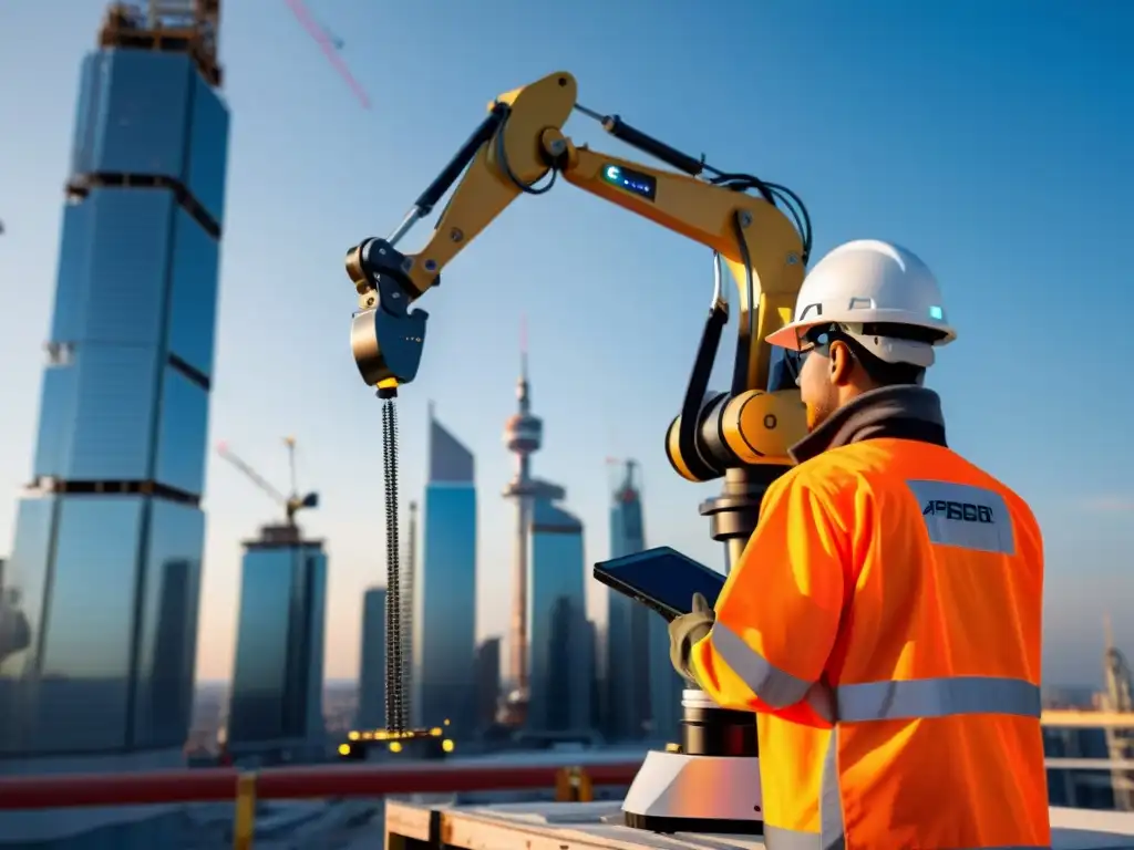 Un brazo robótico de alta tecnología trabajando en una obra junto a humanos, fusionando tradición y tendencias robótica construcción tecnología emergente