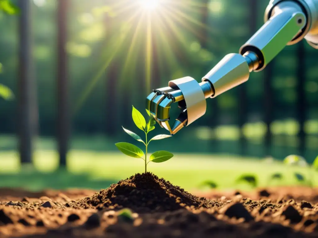 Un brazo robótico planta con precisión un árbol en un bosque, fusionando tecnología y sostenibilidad ambiental