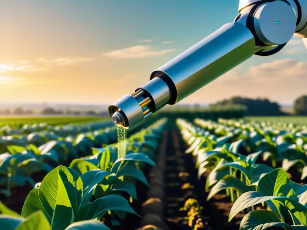 Un brazo robótico avanzado cuidando cultivos en un campo, integrando tecnologías emergentes en la agricultura