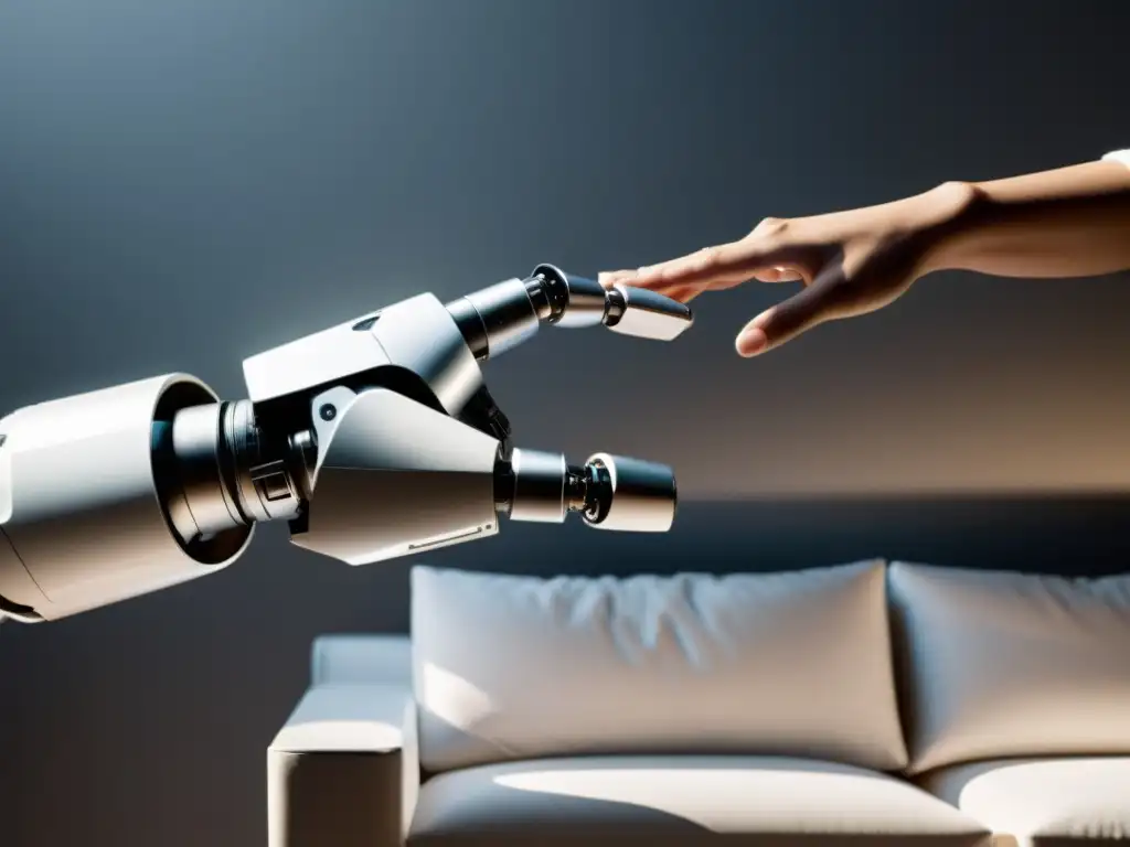 Un brazo robótico blanco se extiende hacia una mano humana en un ambiente moderno, mostrando la integración de robots en la vida cotidiana