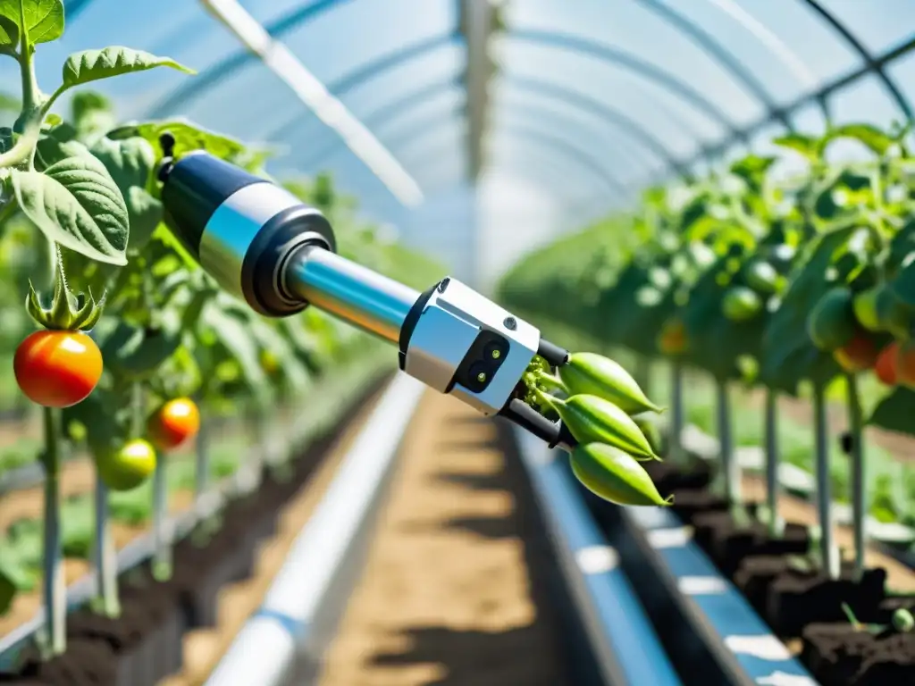 Un brazo robótico corta delicadamente tomates en un invernadero de alta tecnología, capturando la innovación de la robótica en agricultura sostenible