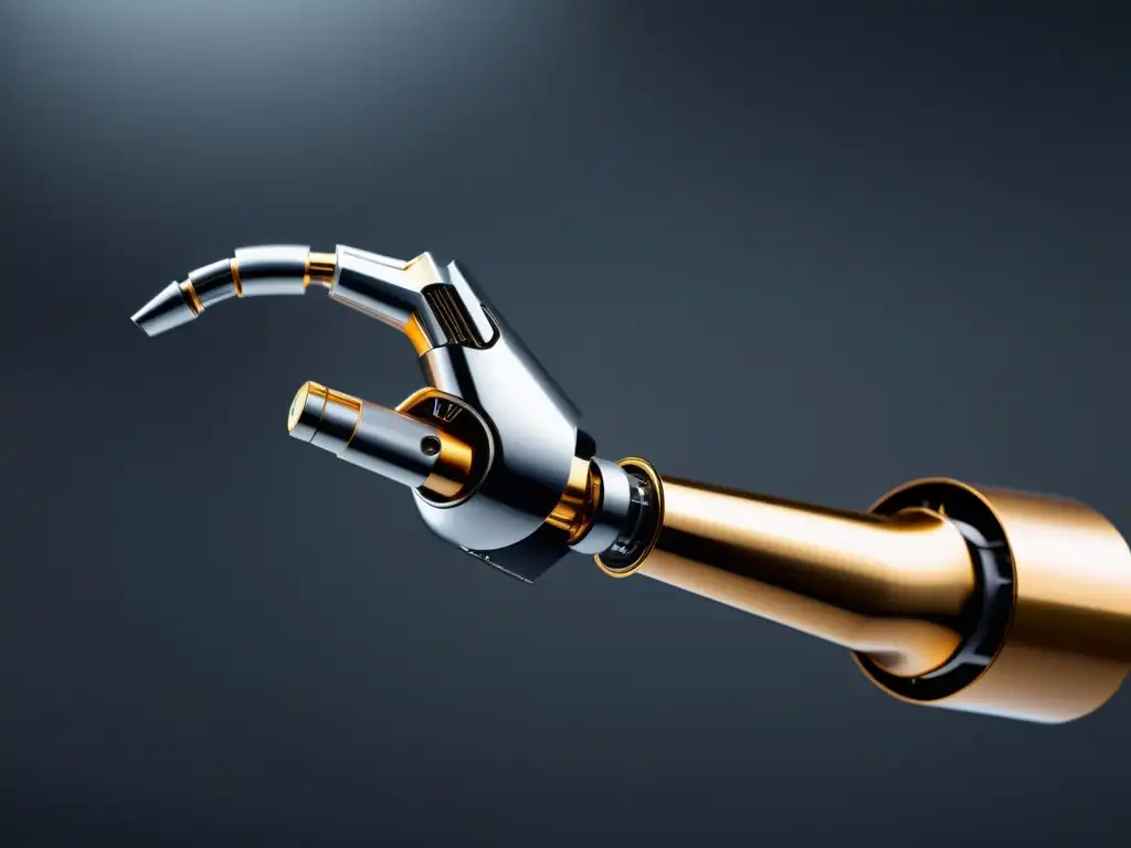 Robótica de vanguardia: precisión y elegancia Un brazo robótico de diseño moderno y elegante, con detalles metálicos intrincados, ejecutando una maniobra sofisticada