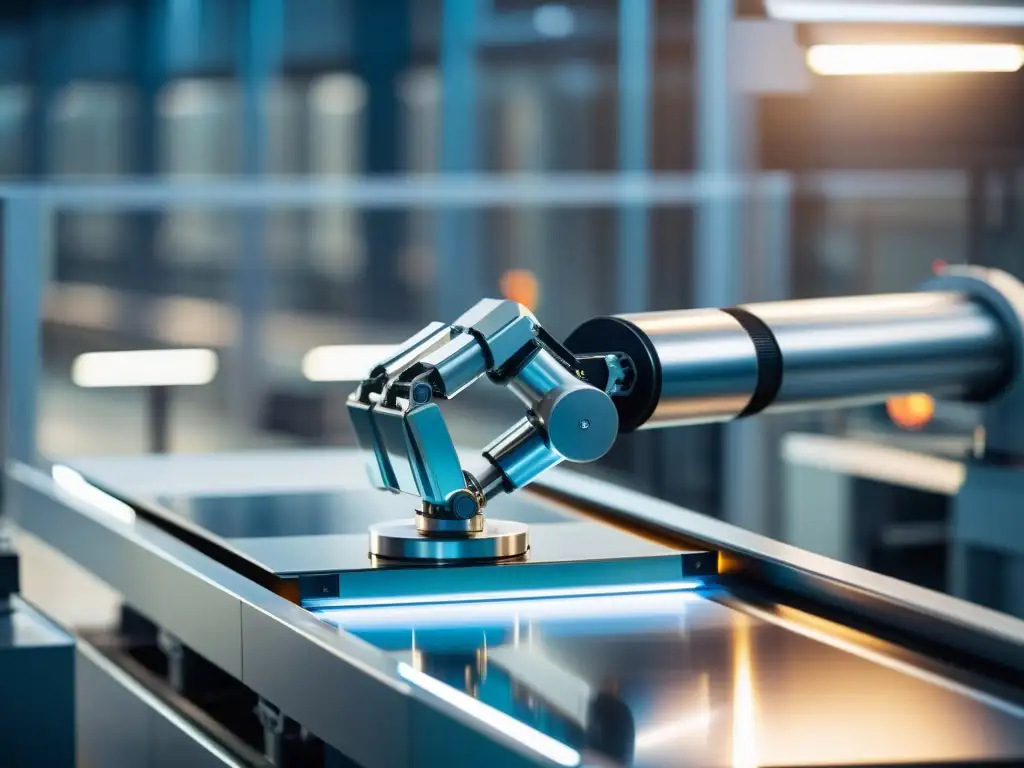 Robótica de precisión en la industria del vidrio Un brazo robótico maniobra con precisión un objeto de vidrio en una fábrica moderna