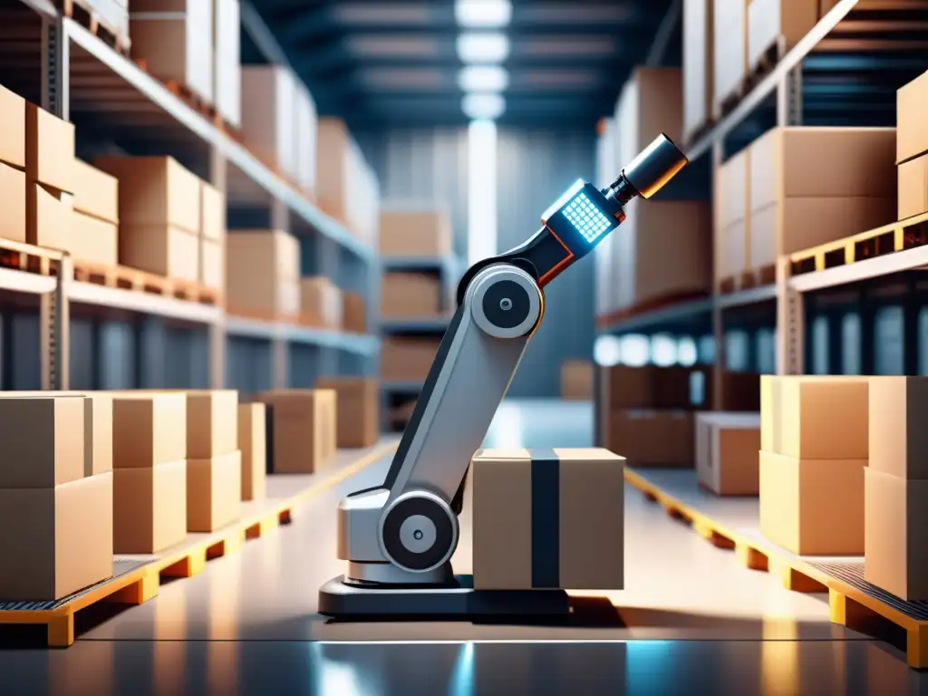 Un brazo robótico ordenando paquetes en un almacén moderno, con luces LED brillantes iluminando el espacio