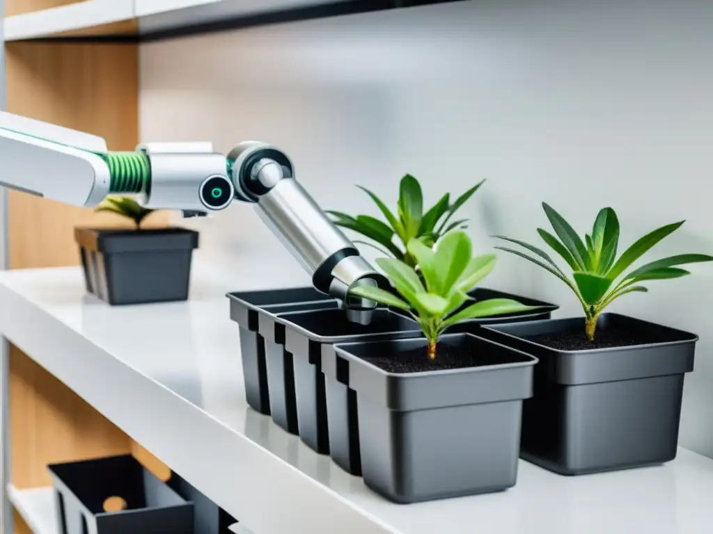 Un brazo robótico plateado y minimalista coloca con precisión una planta verde en una fila ordenada de contenedores, en un entorno blanco y sostenible