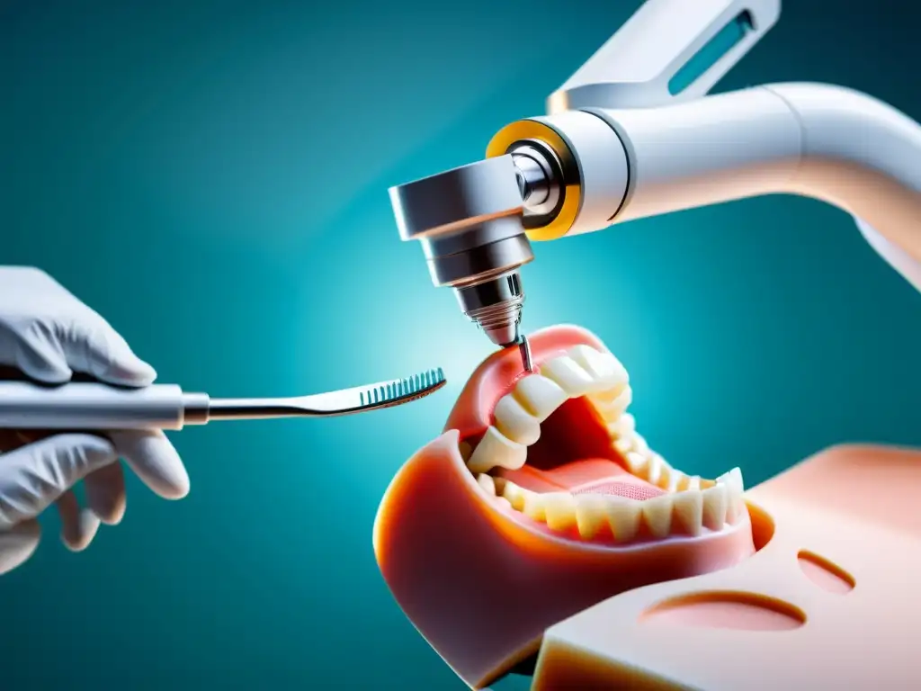 Un brazo robótico de precisión realiza procedimientos dentales, mostrando la integración de la tecnología en la odontología