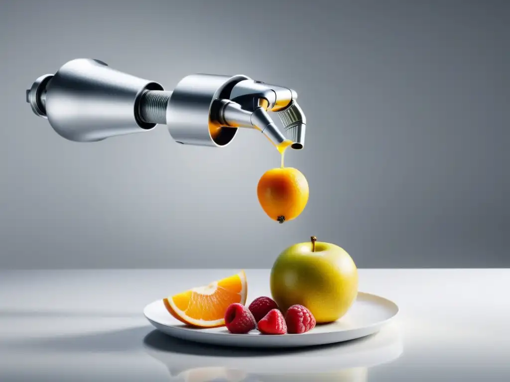 Un brazo robótico plateando delicadamente una rebanada de fruta, destacando la precisión y eficiencia de los robots en la industria alimentaria