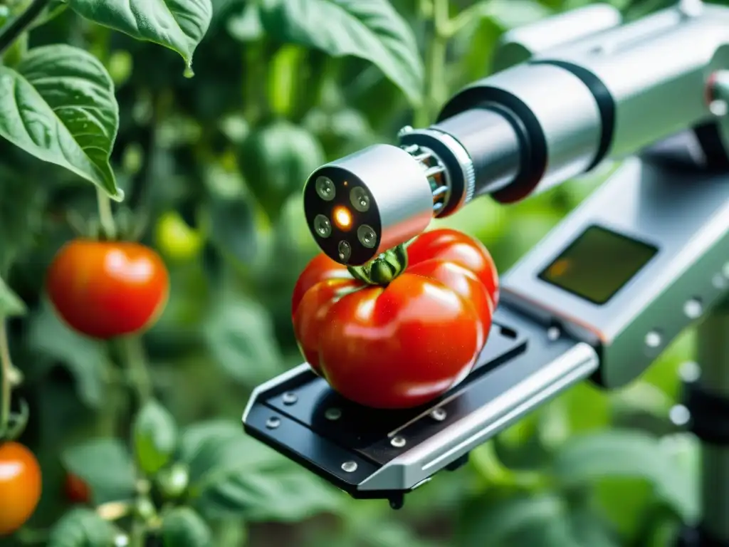 Un brazo robótico cosecha tomates rojos en un jardín orgánico, demostrando la integración de inteligencia artificial en agricultura orgánica