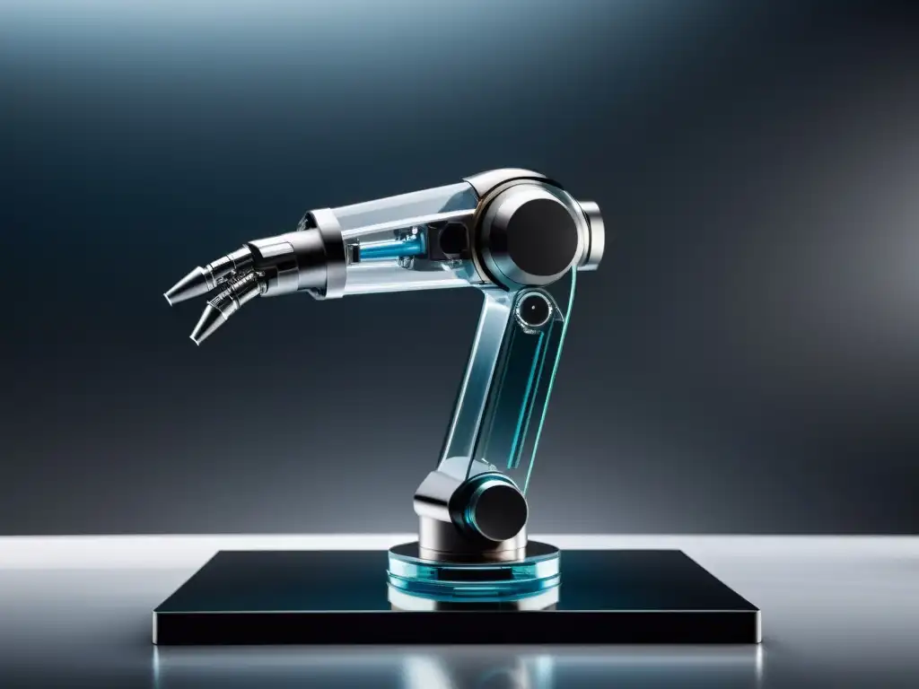 Robótica de vanguardia maniobrando vidrio con precisión Un brazo robótico vanguardista maniobra con precisión un panel de vidrio en un entorno minimalista, reflejando tecnología avanzada