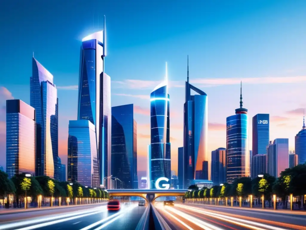 El bullicio de una ciudad futurista con torres 5G integradas, simbolizando el alcance y penetración de señal 5G en entornos urbanos modernos