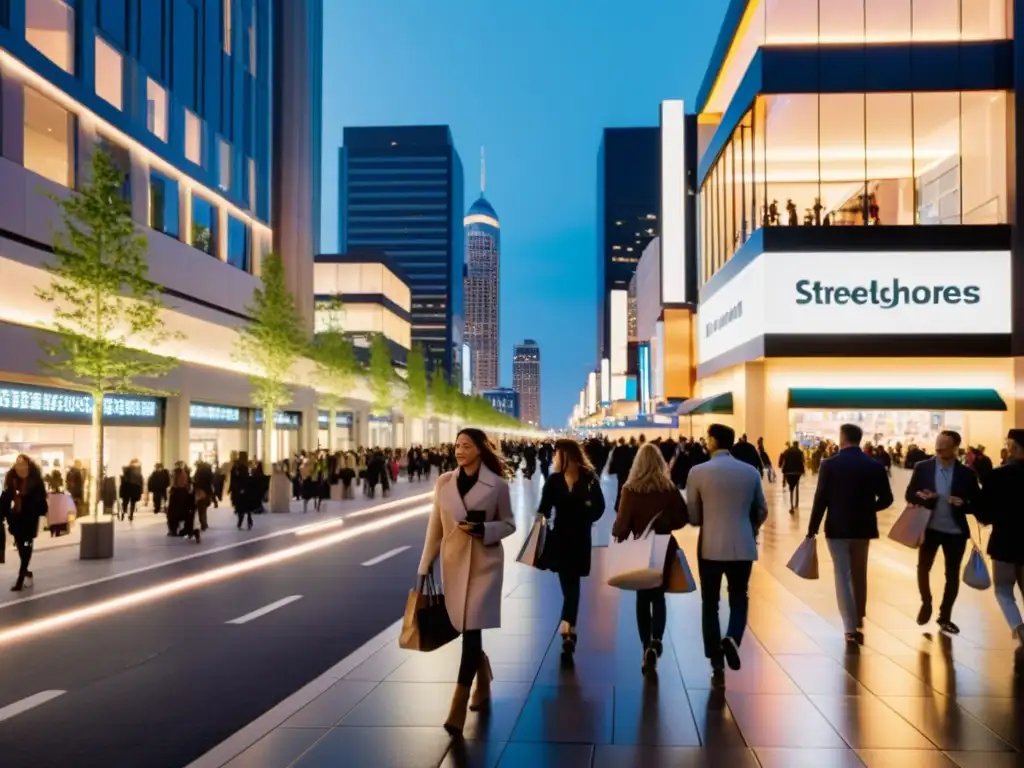 Una bulliciosa calle de la ciudad al atardecer, con modernos edificios iluminados por faroles