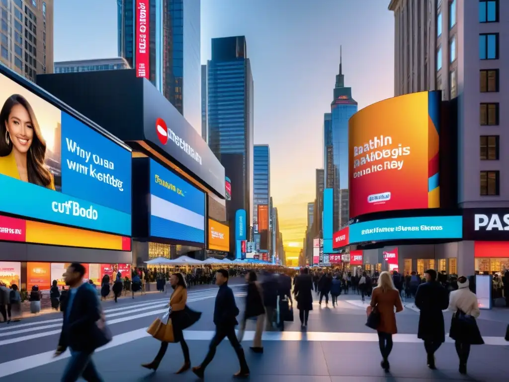 Una bulliciosa calle de la ciudad con edificios modernos y vallas publicitarias digitales mostrando anuncios