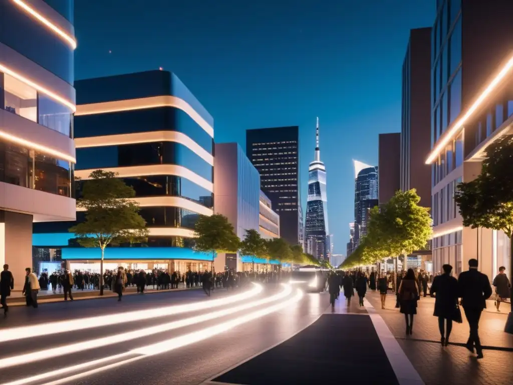 Una bulliciosa calle de la ciudad de noche, iluminada por la suave luz de futuristas y eficientes farolas