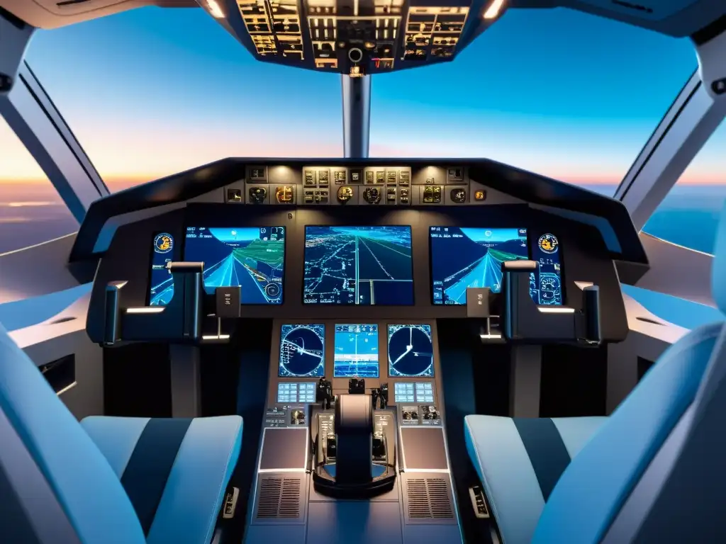 Una cabina de simulador de vuelo virtual con diseño moderno y controles avanzados, iluminada con un suave y futurista tono azul