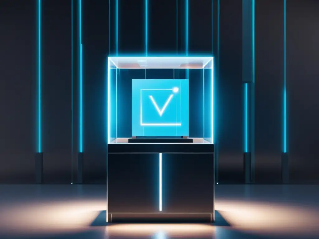 Una cabina de votación transparente rodeada por una red blockchain brillante, simbolizando la revolución de elecciones transparentes y seguras