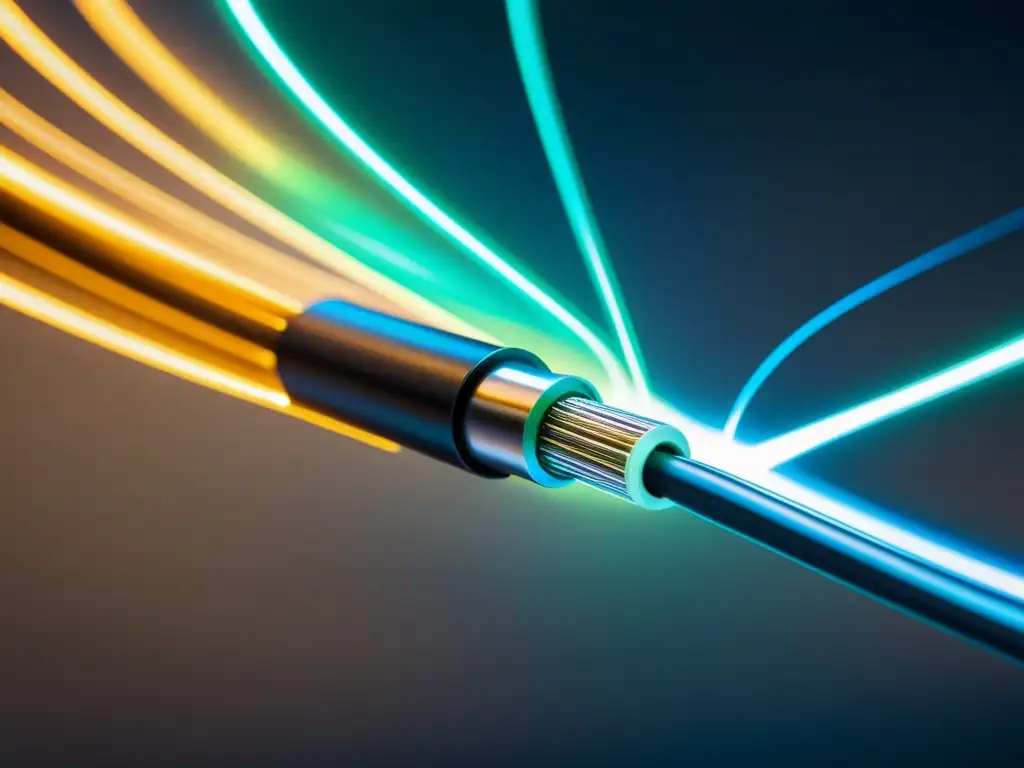 Un cable de fibra óptica de alta velocidad conectado a un servidor moderno, con datos brillantes transfiriéndose a gran velocidad