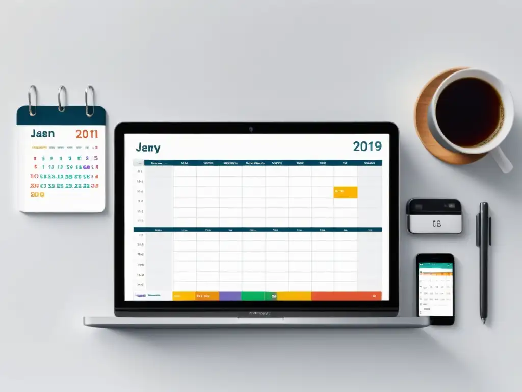 Un calendario editorial efectivo para redes sociales, organizado y digital, rodeado de dispositivos modernos