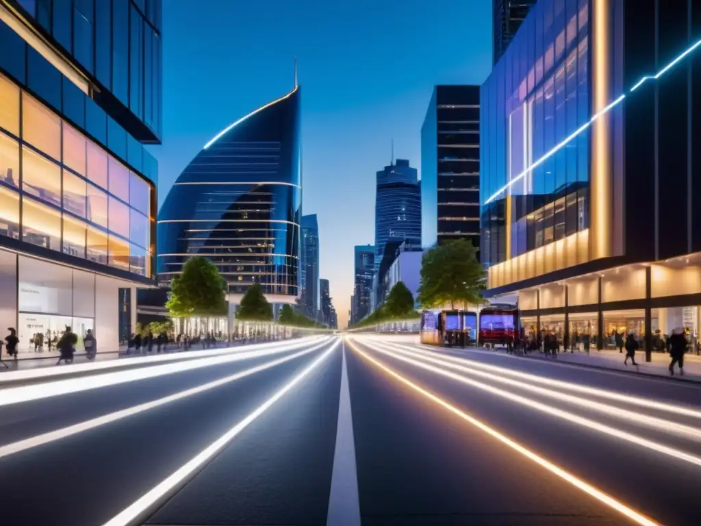 Una calle bulliciosa de ciudad inteligente, iluminada por luces LED energéticamente eficientes