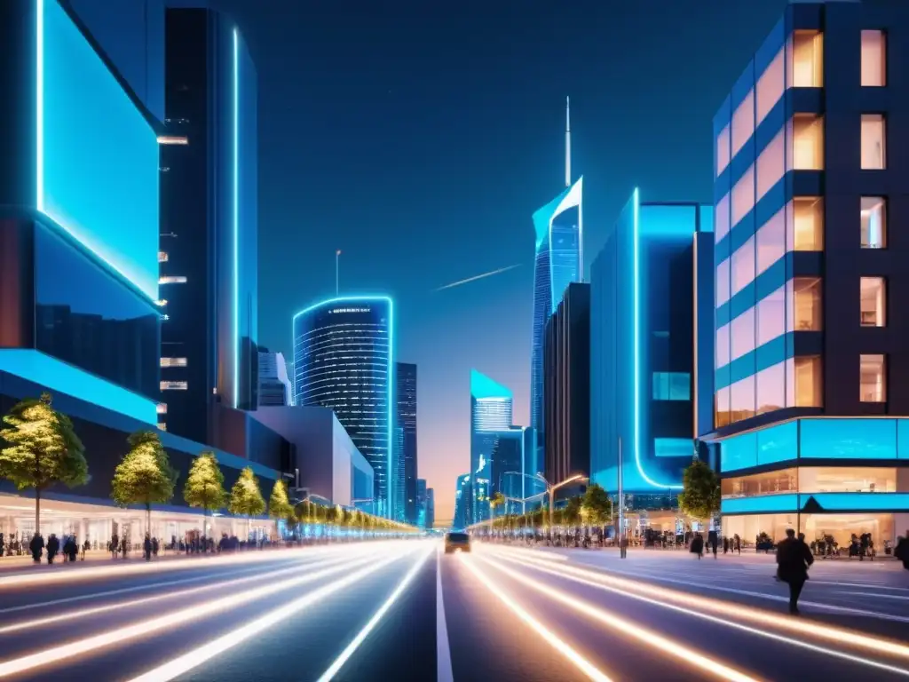 Una calle bulliciosa de la ciudad de noche, iluminada por la suave luz de las modernas farolas inteligentes