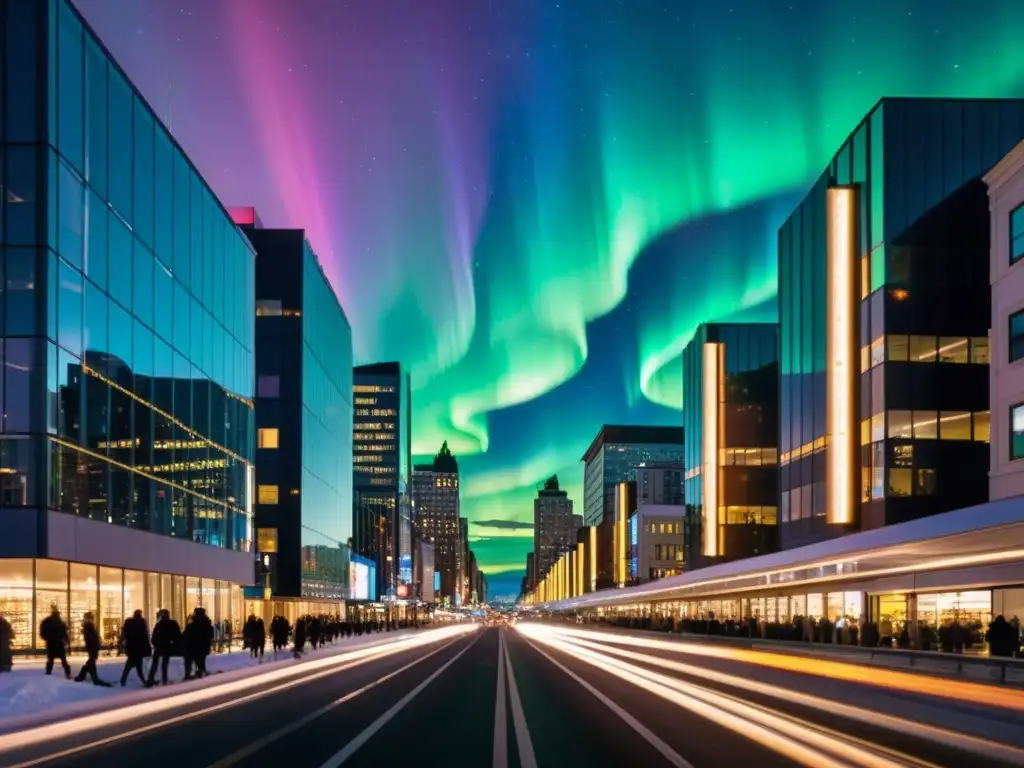 Una calle bulliciosa de la ciudad de noche, con rascacielos modernos y luces de neón brillantes