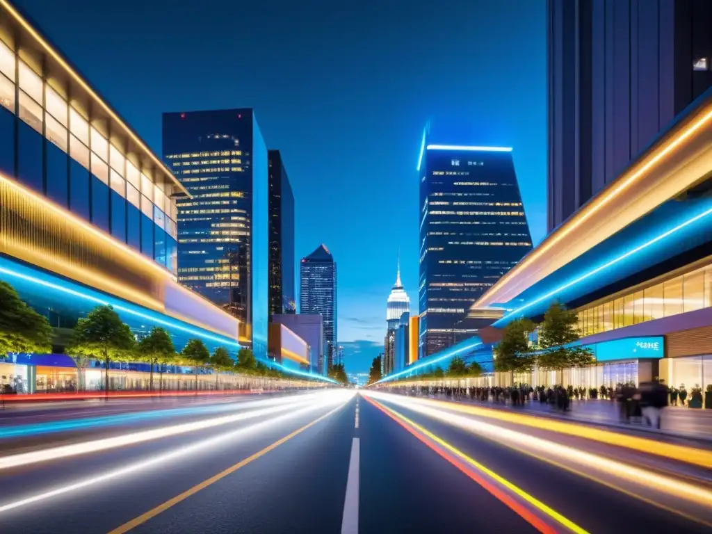 Una calle bulliciosa de la ciudad de noche, iluminada por la tecnología de las farolas inteligentes y las luces de los vehículos