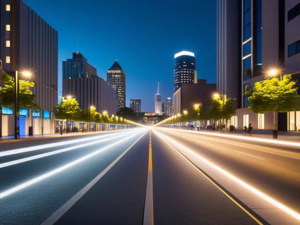 Una calle urbana bulliciosa de noche, iluminada por modernos y elegantes postes de luz