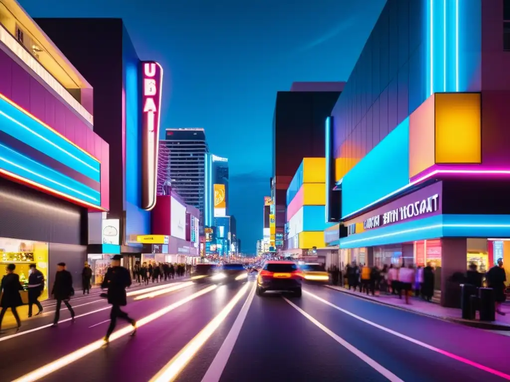 Una calle vibrante de la ciudad iluminada por letreros de neón, reflejando el bullicio y energía urbana