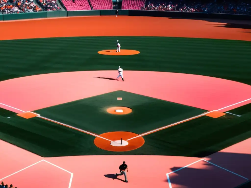 Un campo de béisbol al atardecer, con jugadores y árbitros en pleno juego, reflejando la emoción del momento