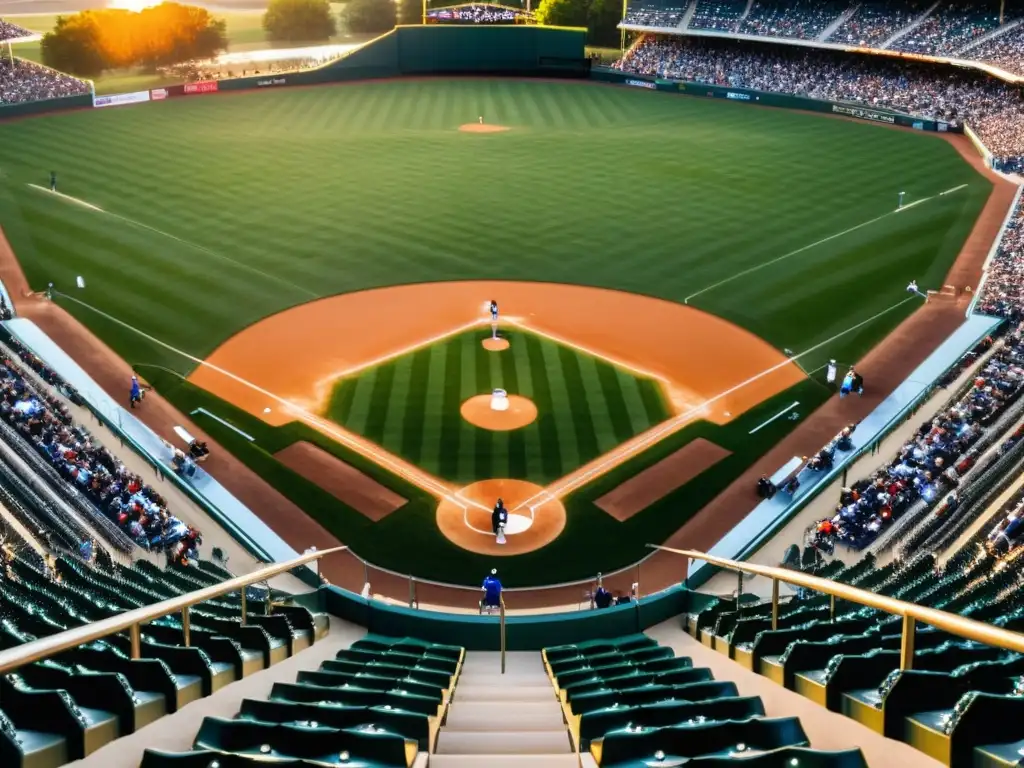 Un campo de béisbol bañado en cálida luz dorada al atardecer, con aficionados animados